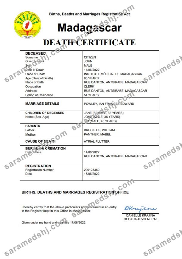 Madagascar vital record death certificate Word and PDF template